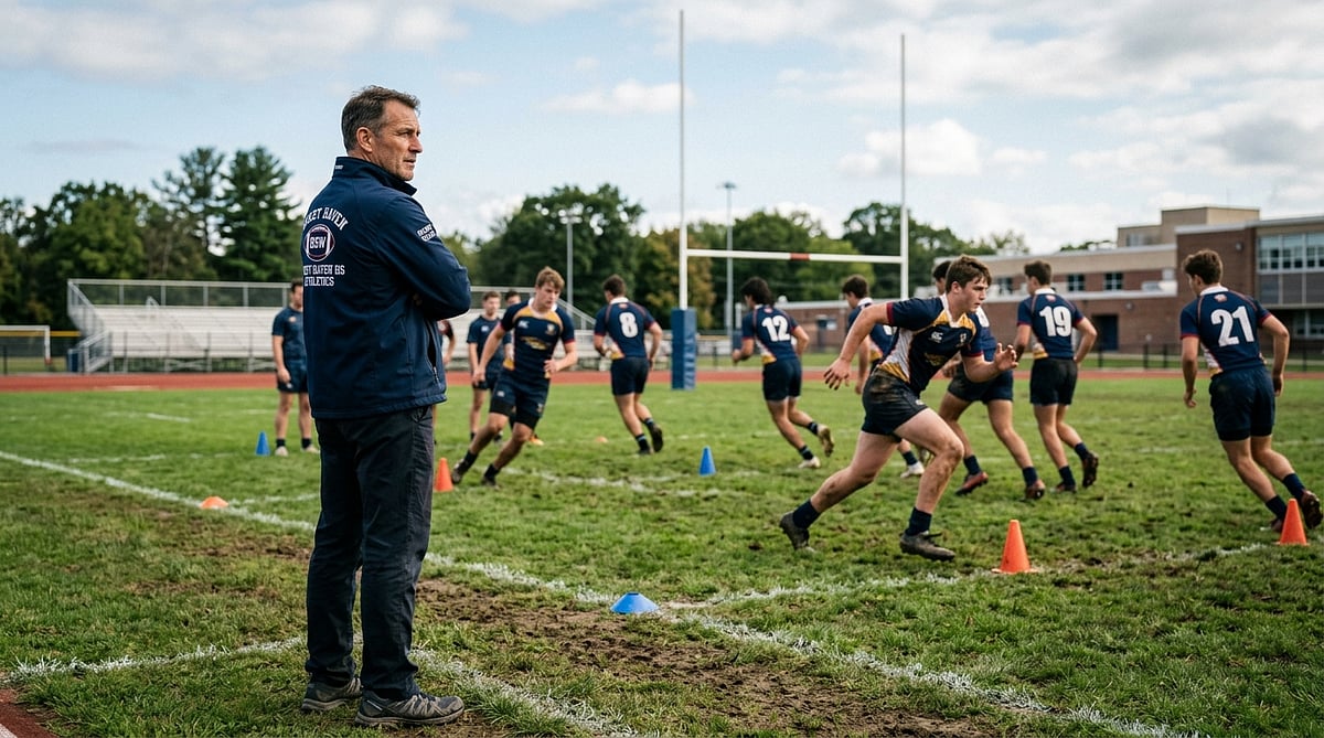 High School Rugby Coach Watching Squad Agility Sprint Drills On School Field