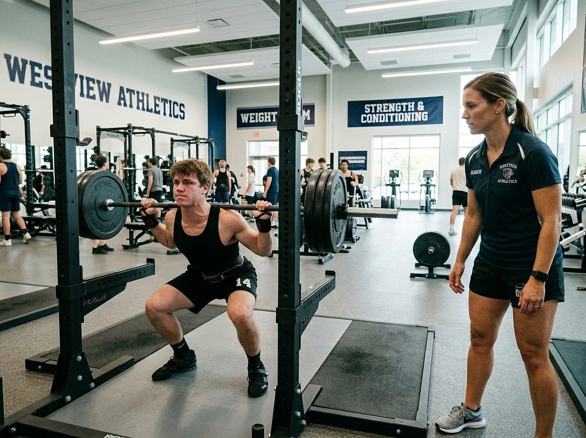 Coach Using Mobile App to Log High School Athlete Strength & Performance Metrics Field-Side